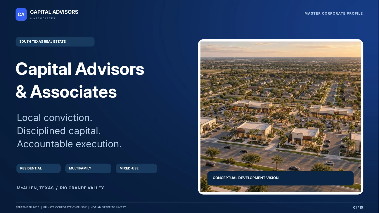 Capital Advisors corporate profile cover: Local conviction. Disciplined capital. Accountable execution.