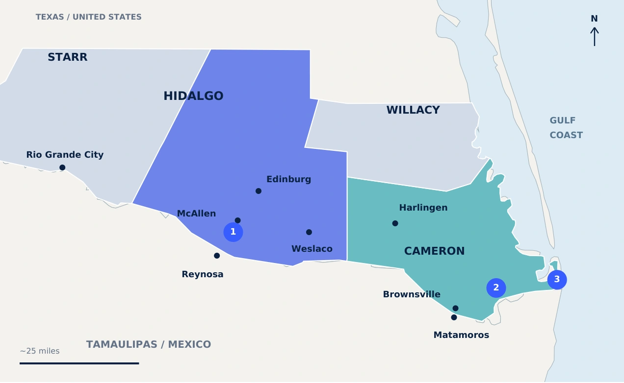 RioPlex regional map highlighting Hidalgo and Cameron counties, with McAllen, Brownsville, the Port and Starbase economic anchors